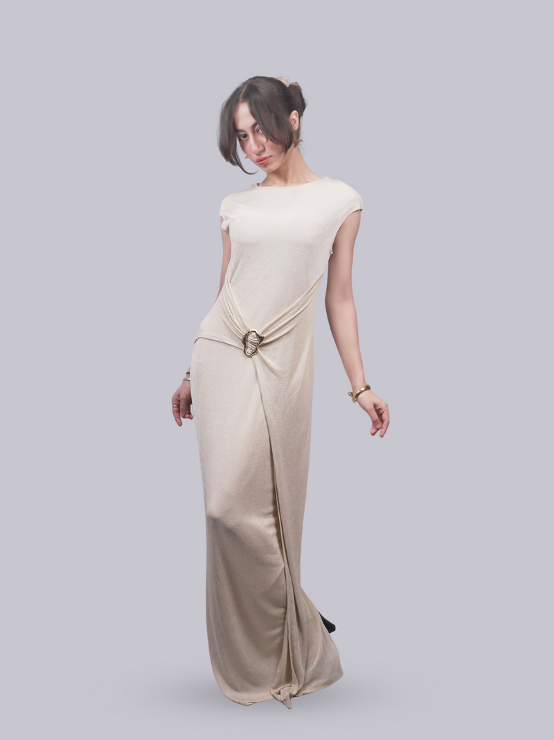 Women’s Beige Draped Cap Sleeve Maxi Dress