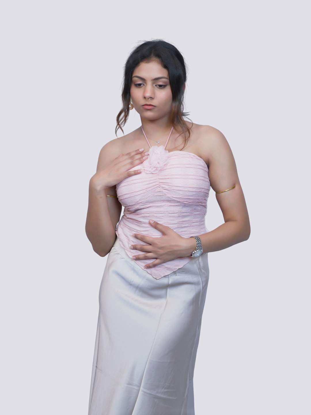Women's Blush Ruched Halter Top & Grey Satin Maxi Skirt Co-ord Set