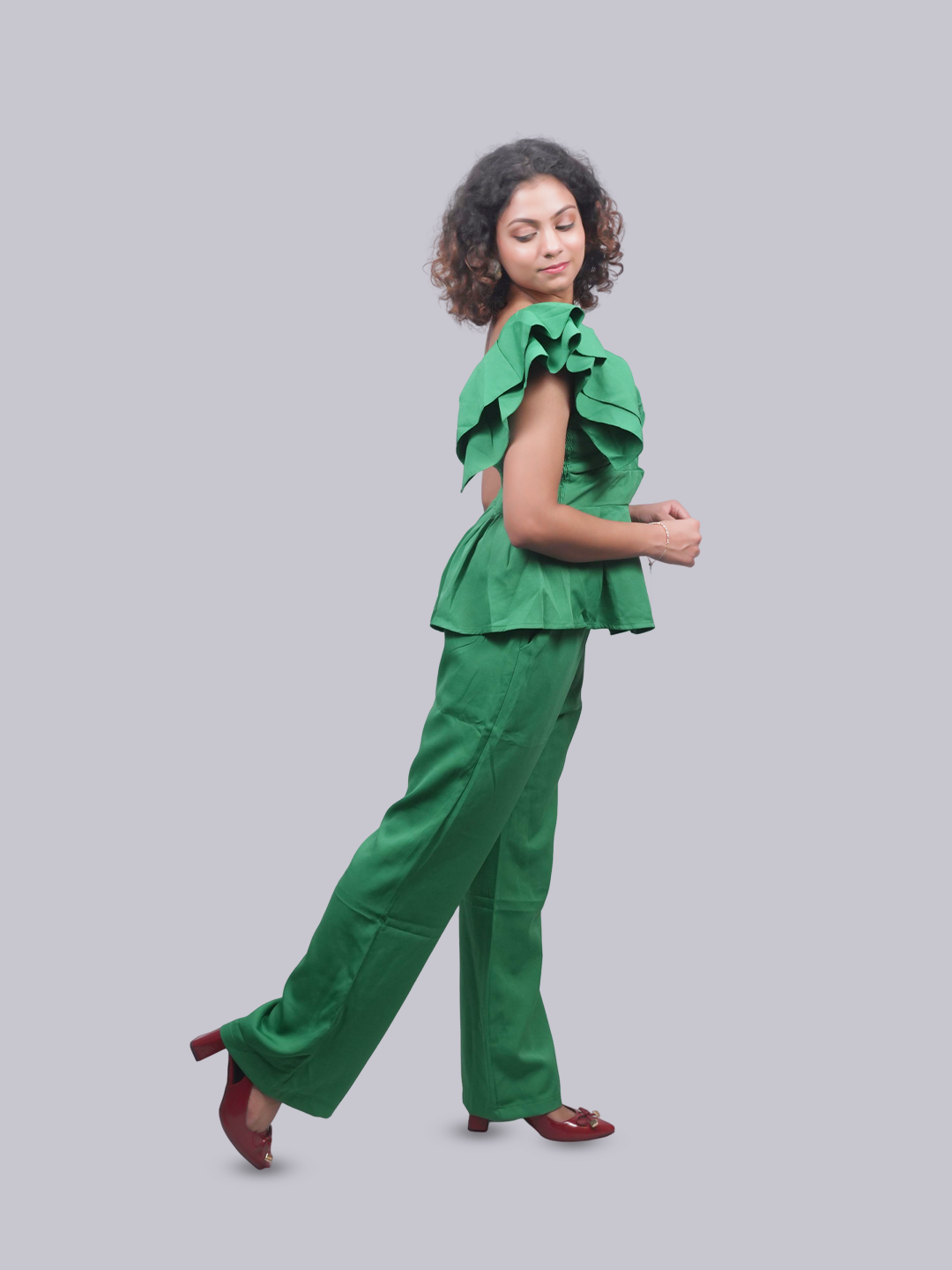 Women’s Green One Shoulder Ruffle Co-ord Set | Twist Front Cutout Top with Wide Leg Pants