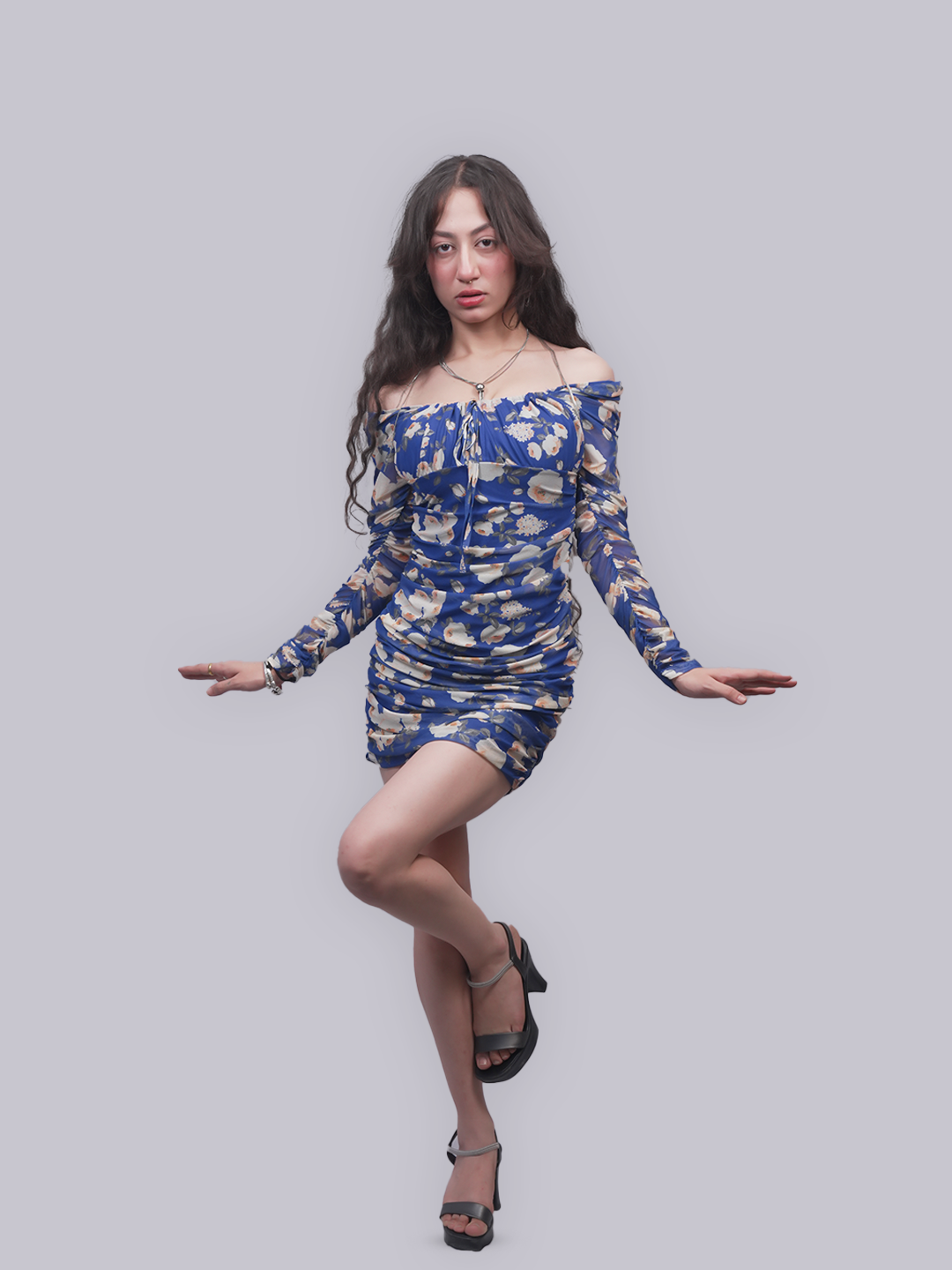Women’s Blue Floral Print Ruched Mini Dress | Long Sleeve Bodycon Dress with Tie Front
