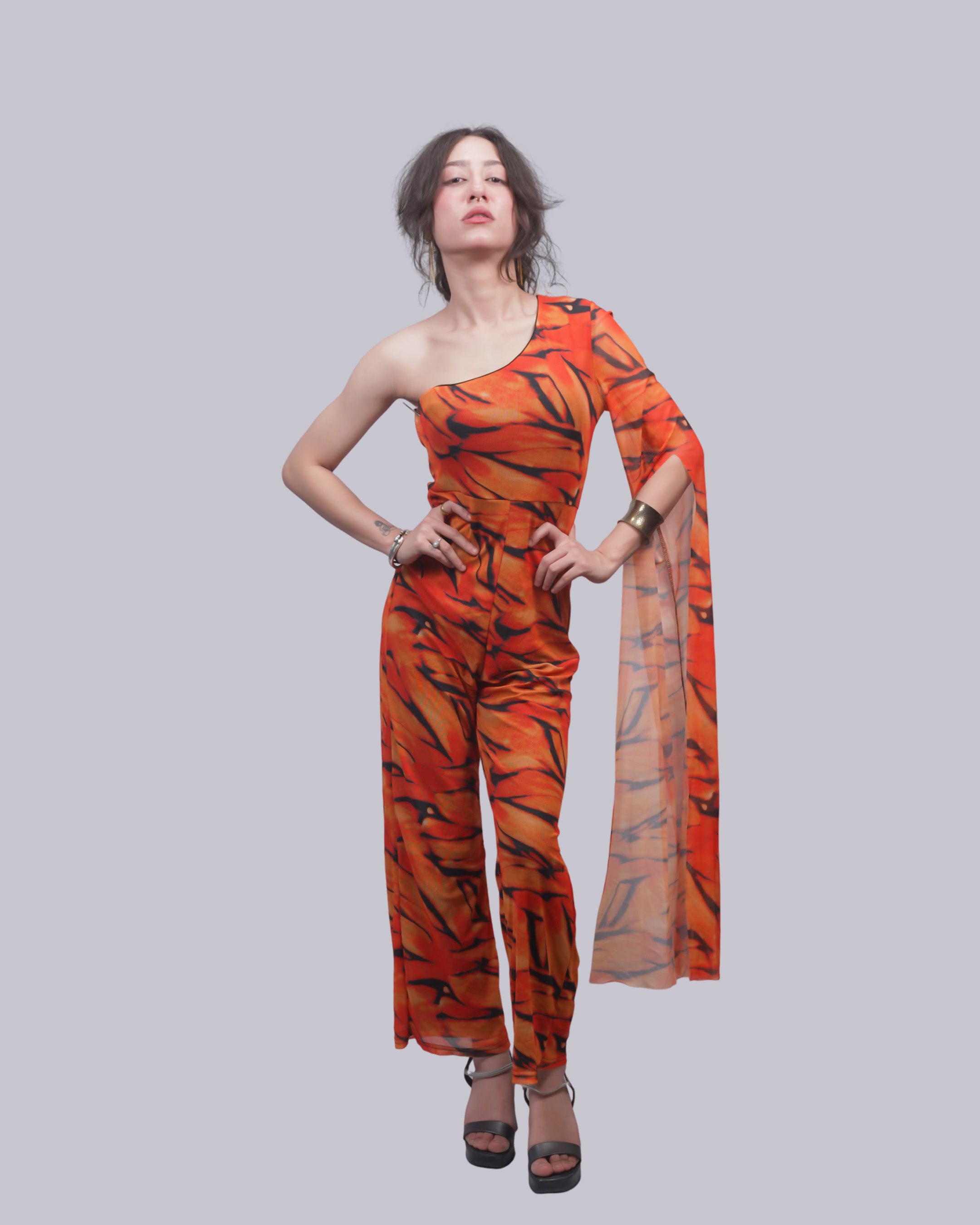 Women’s Orange Tiger Print One Shoulder Jumpsuit | Mesh Drape Sleeve Wide Leg Jumpsuit