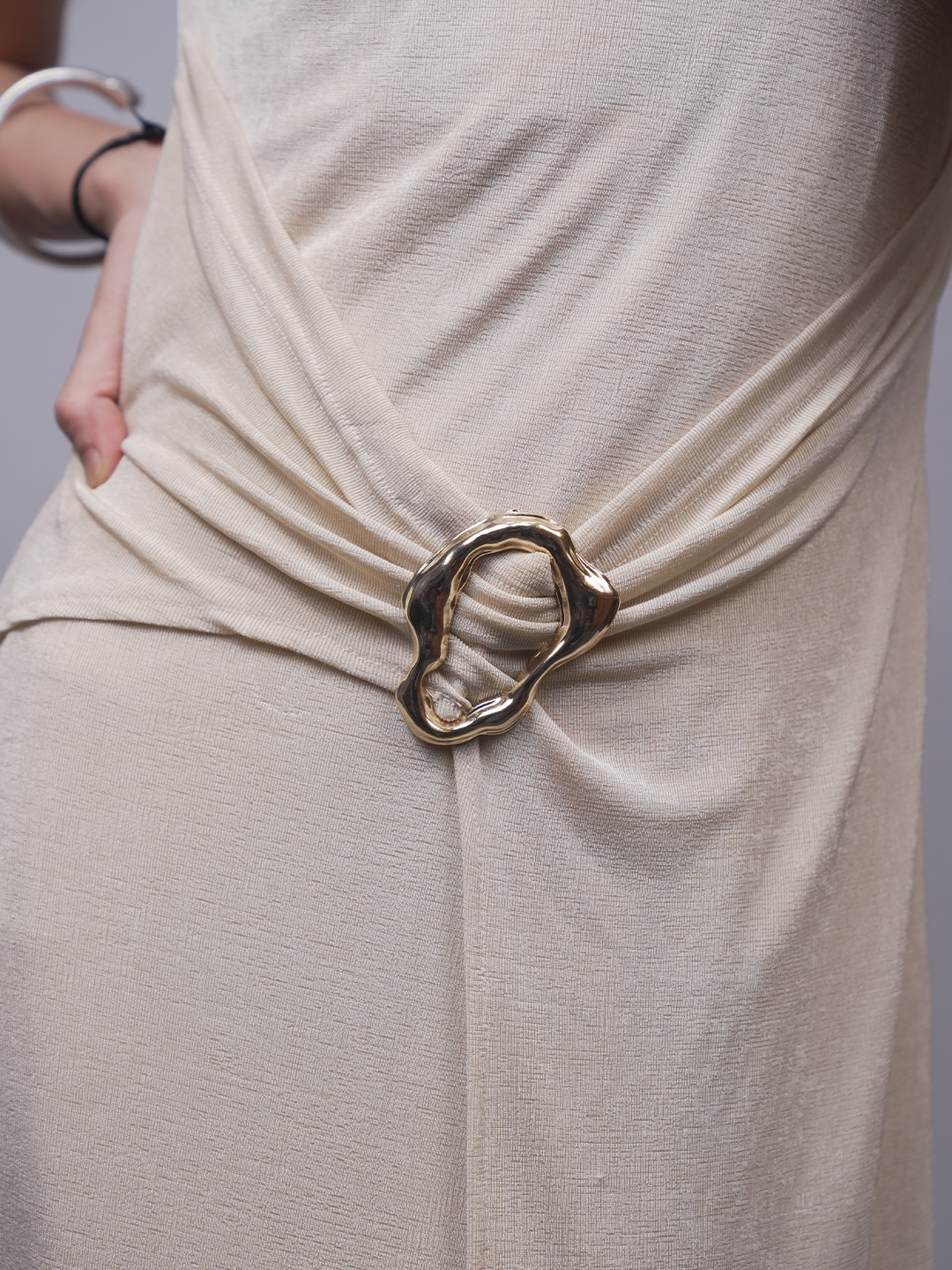 Women’s Beige Draped Cap Sleeve Maxi Dress | Ring Buckle Detail Column Dress