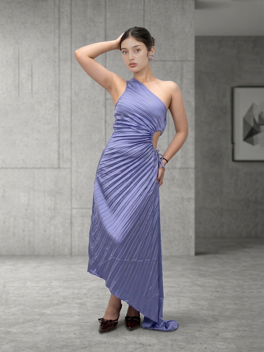 Strap fit-and-flare midi dress with corset-style top stiching