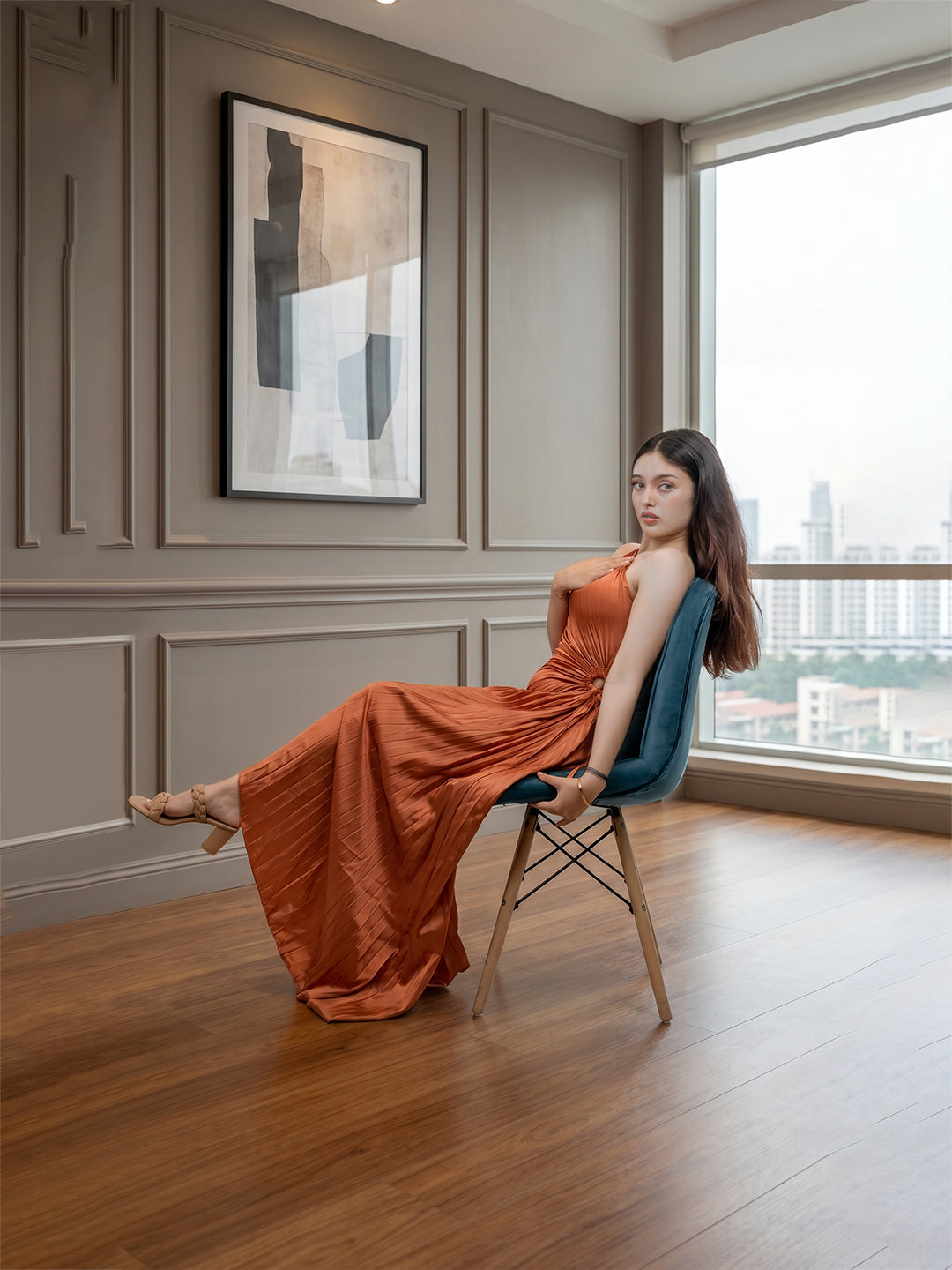 Strap fit-and-flare midi dress with corset-style top stiching