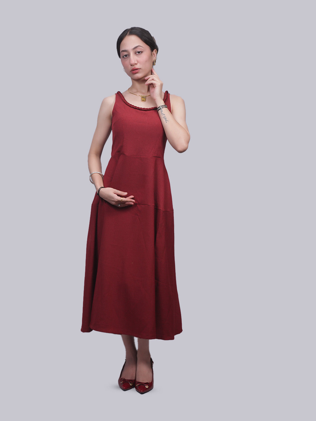 Women’s Maroon Braided Strap Fit & Flare Midi Dress | Sleeveless A-Line Dress