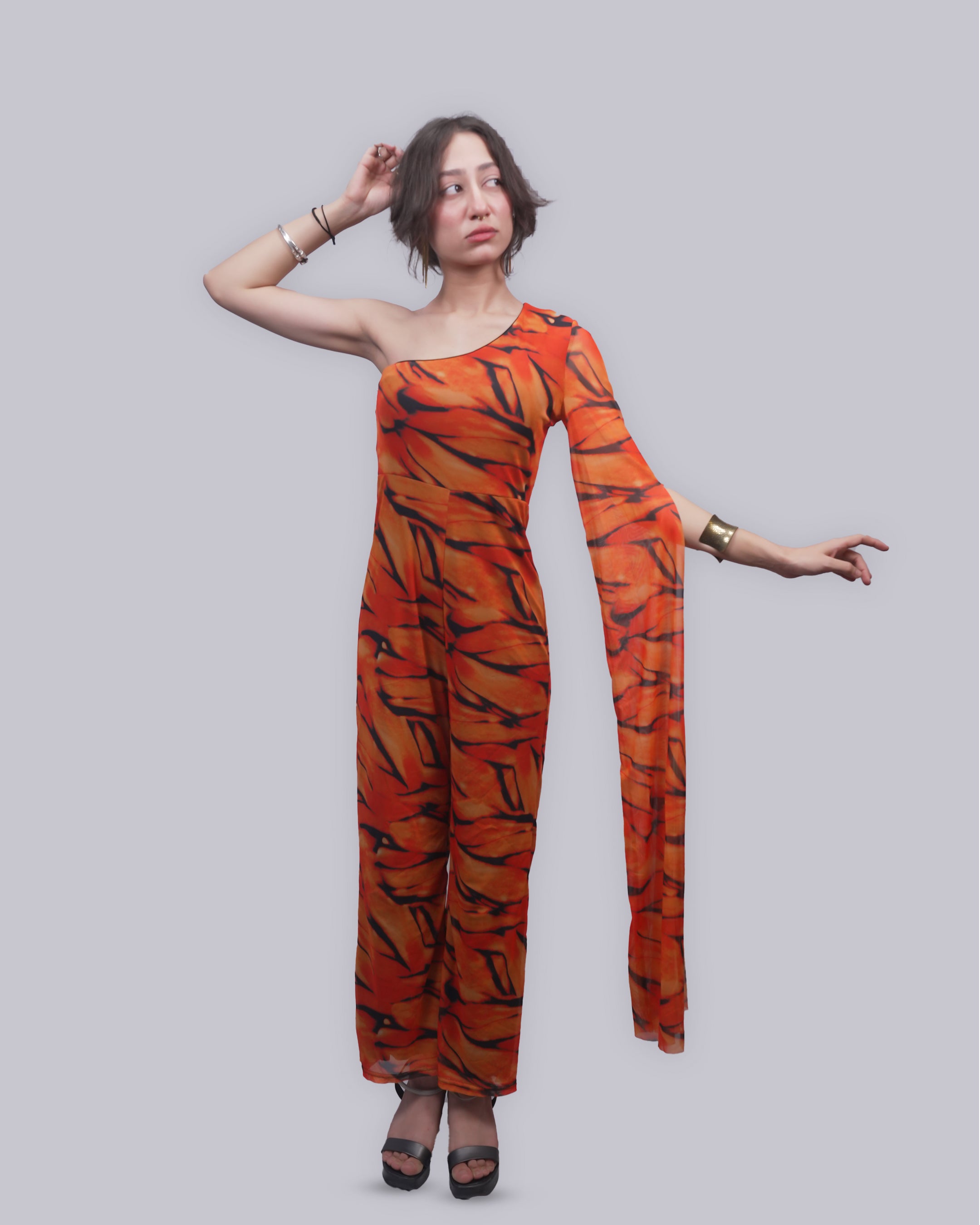 Women’s Orange Tiger Print One Shoulder Jumpsuit | Mesh Drape Sleeve Wide Leg Jumpsuit
