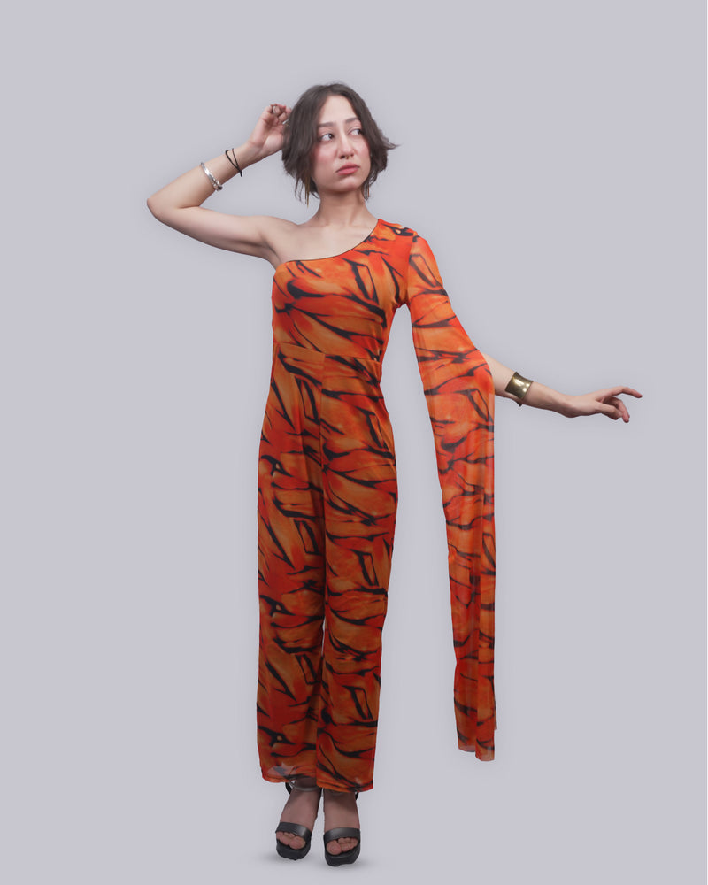 Women’s Orange Tiger Print One Shoulder Jumpsuit