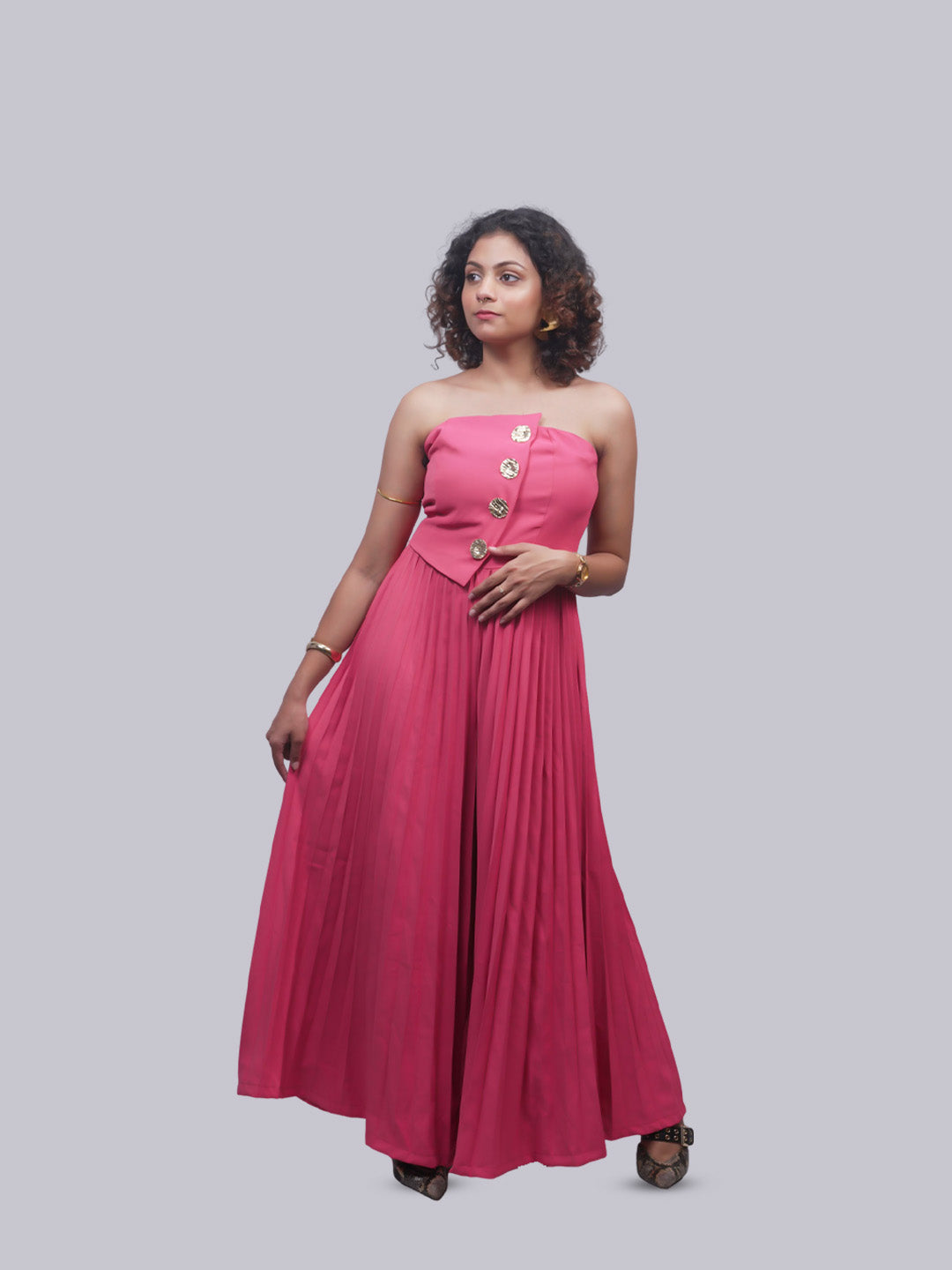 Women’s Pink Strapless Asymmetric Maxi Dress | Gold Button Detail Pleated Dress