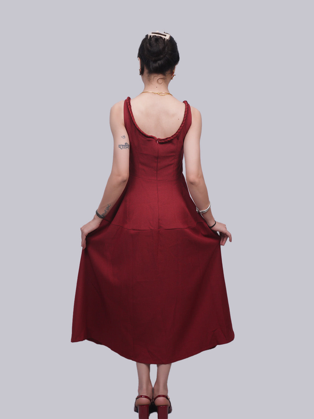Women’s Maroon Braided Strap Fit & Flare Midi Dress | Sleeveless A-Line Dress