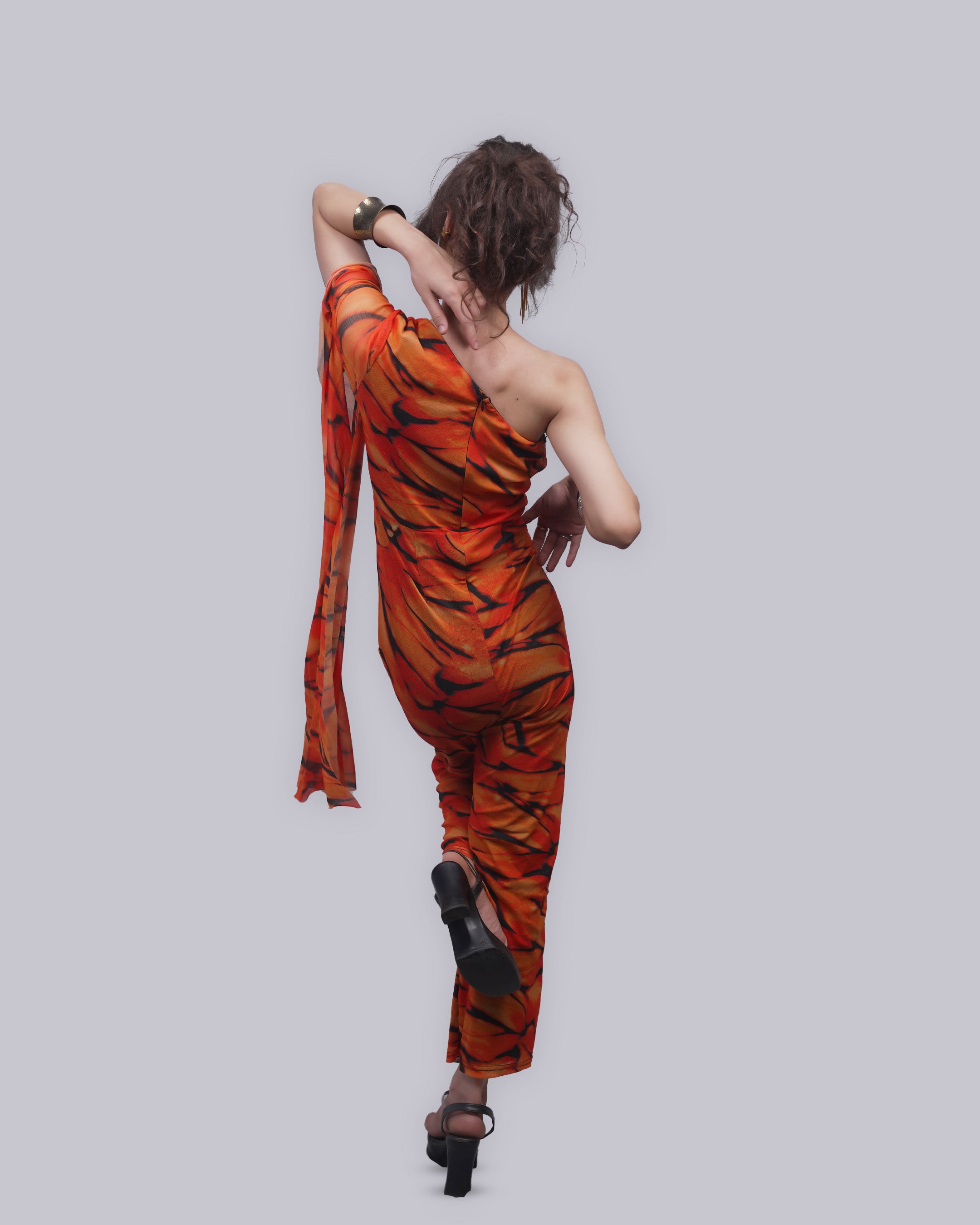 Women’s Orange Tiger Print One Shoulder Jumpsuit | Mesh Drape Sleeve Wide Leg Jumpsuit