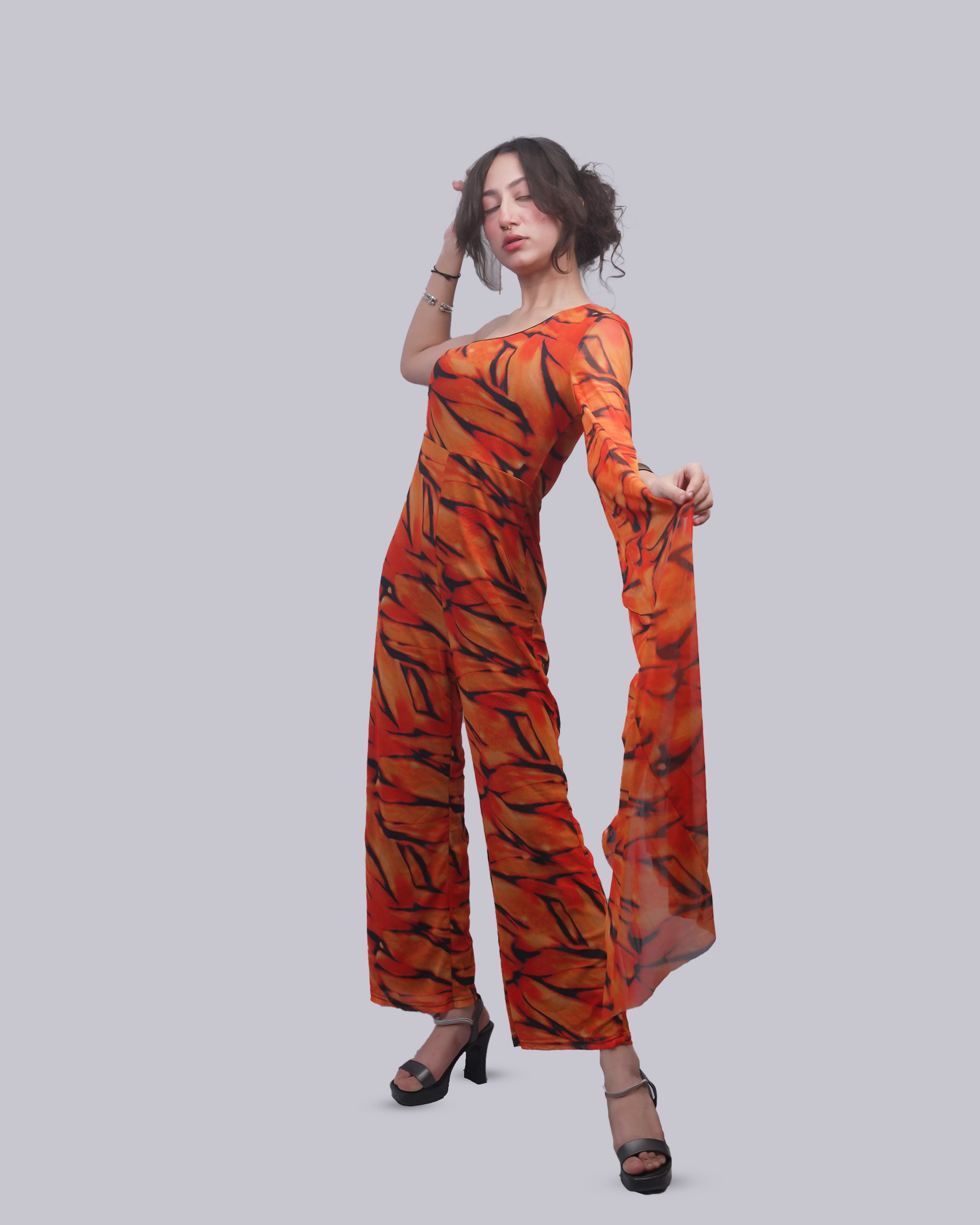 Women’s Orange Tiger Print One Shoulder Jumpsuit | Mesh Drape Sleeve Wide Leg Jumpsuit