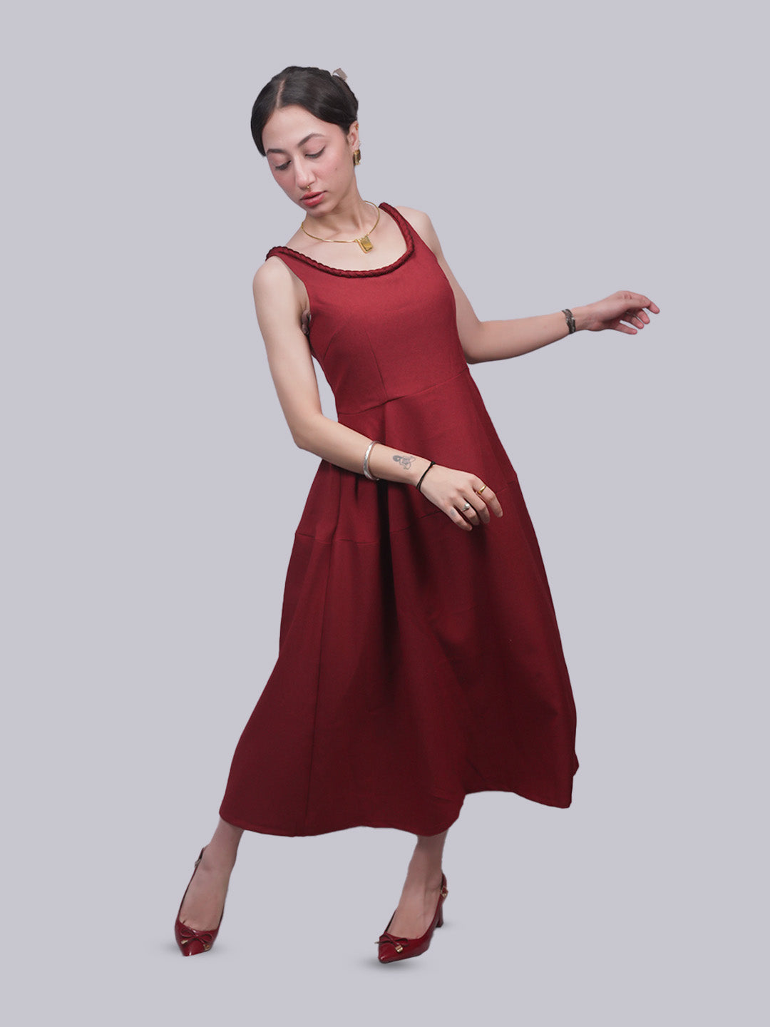 Women’s Maroon Braided Strap Fit & Flare Midi Dress | Sleeveless A-Line Dress