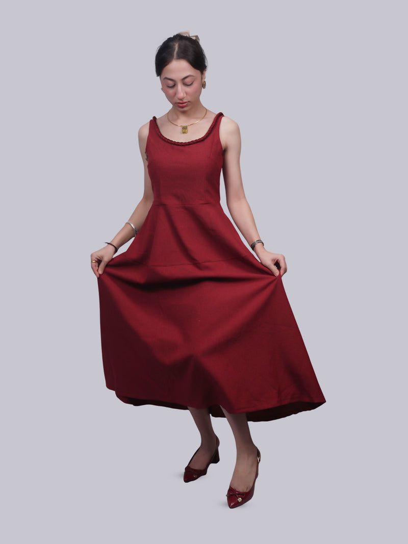 Women’s Maroon Braided Strap Fit & Flare Midi Dress