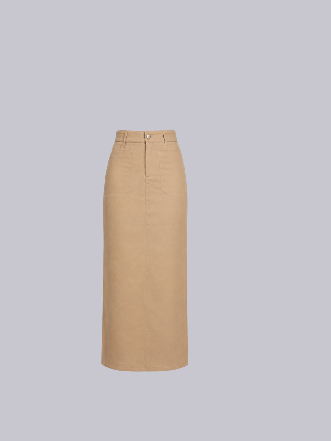 A high-waisted, straight-leg beige skirt with a button closure and belt loops