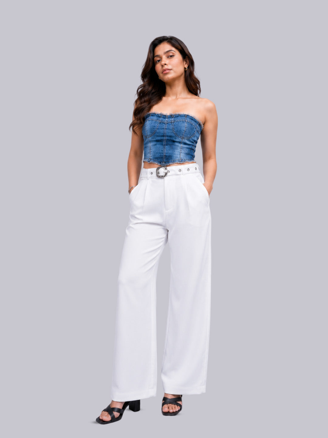 A strapless blue denim tube top paired