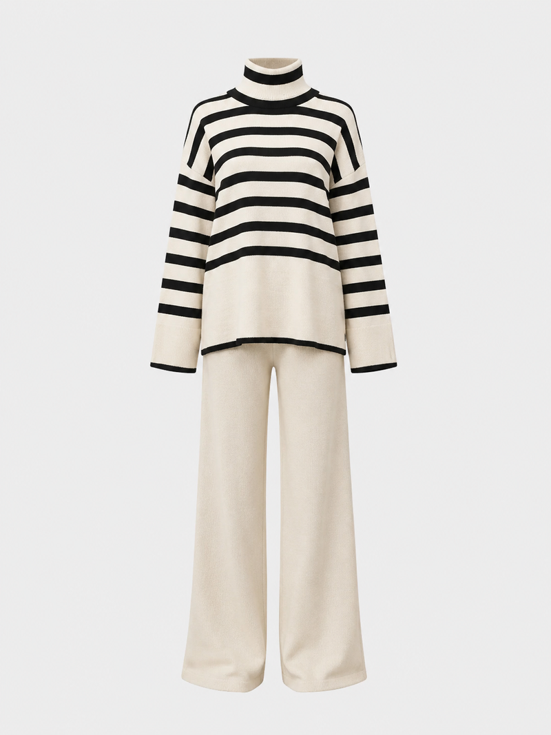 A black and cream striped mock-neck long-sleeve top.