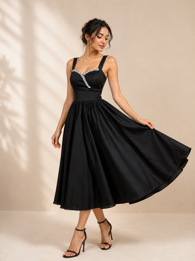 Women’s Black Crystal Embellished Sweetheart Neck Midi Dress