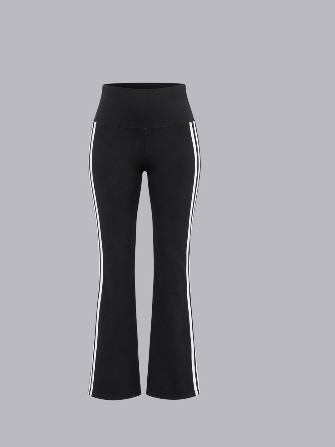 Black flared leggings with white side stripes.