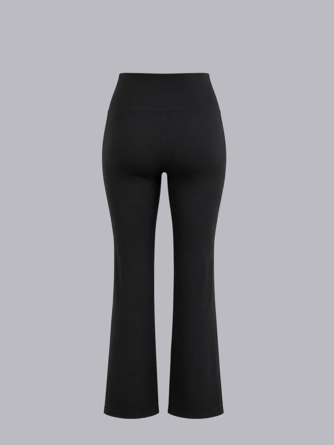 Black high-waisted flared pants shown.