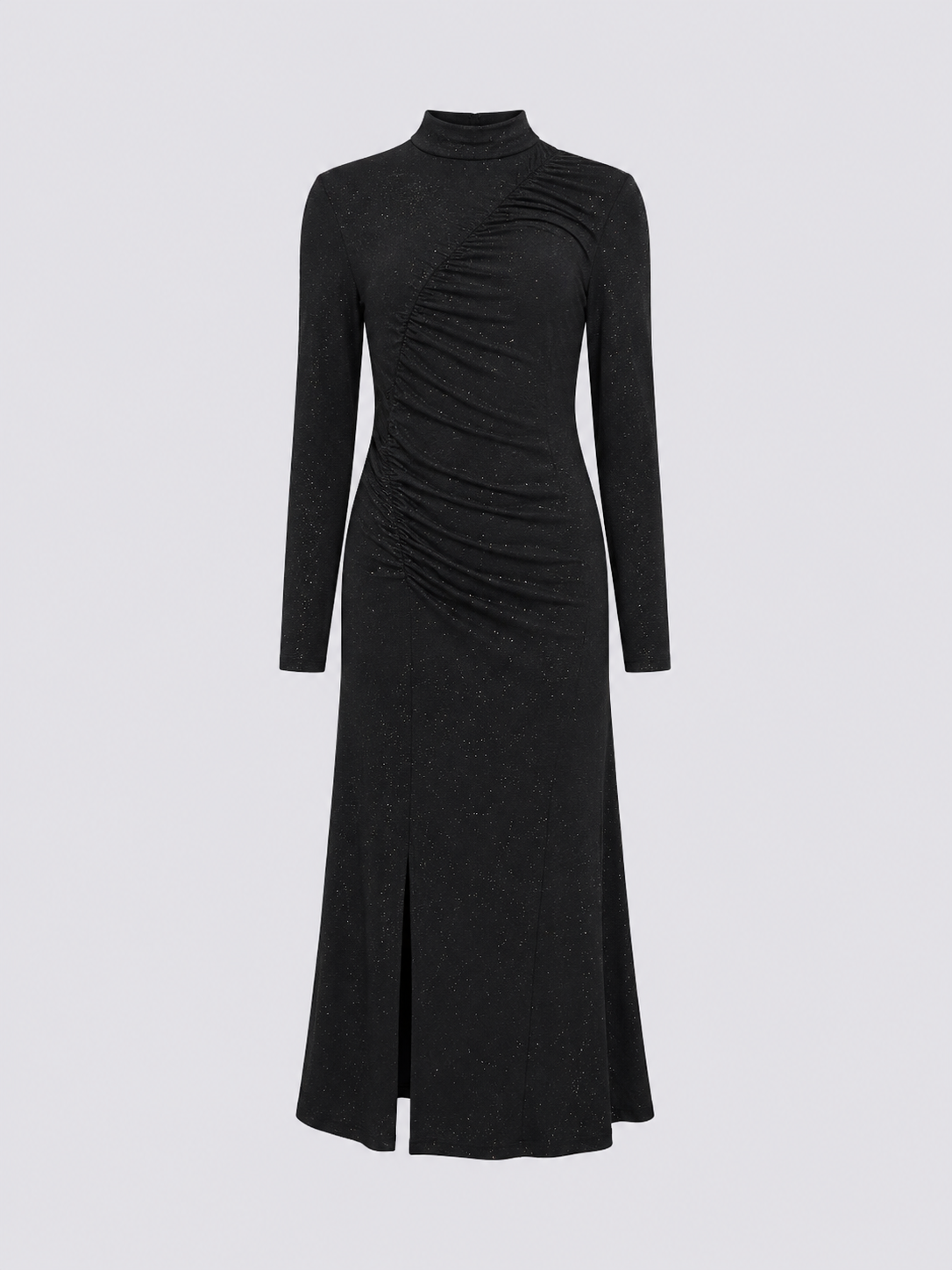 black long-sleeve mock-neck midi dress
