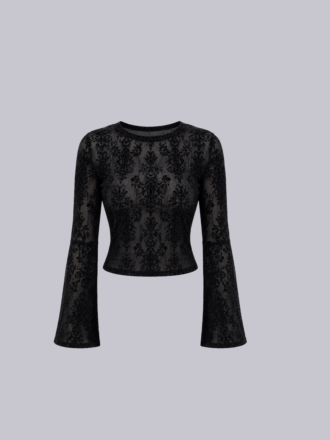 A black long-sleeve crop top with an intricate lace overlay and flared bell sleeves.
