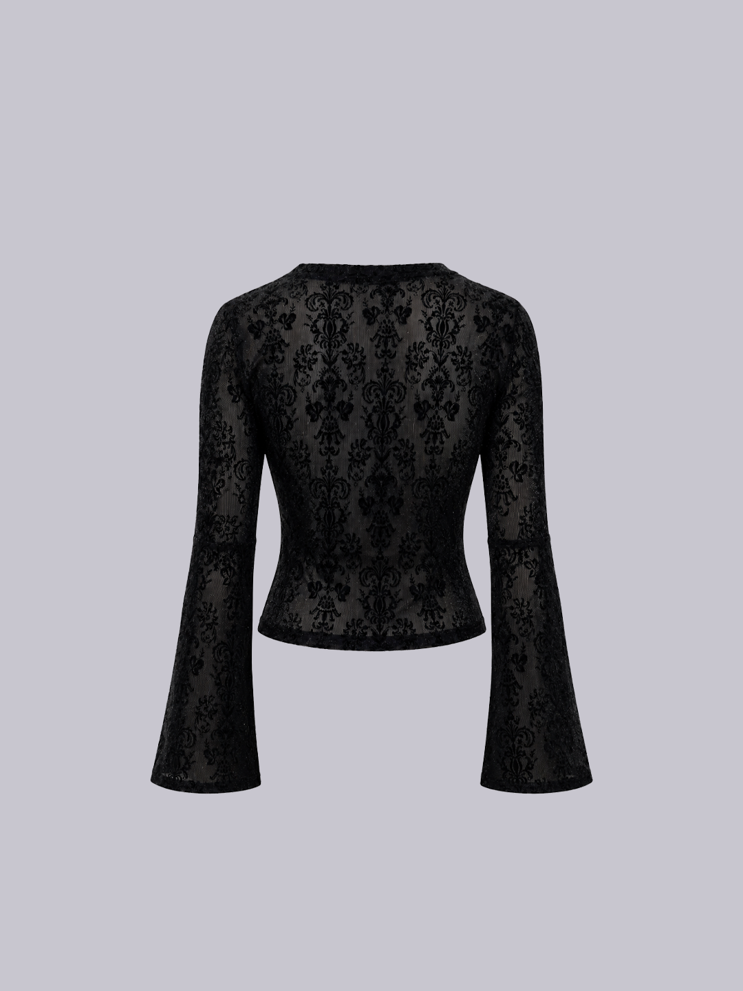A black long-sleeve lace top with a fitted bodice and flared bell sleeves.