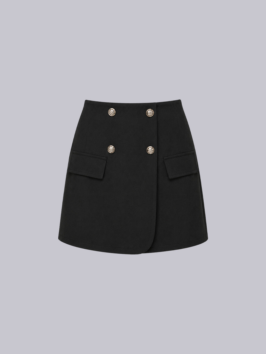 A black A-line mini skirt with a double-breasted design featuring four decorative gold-tone buttons and two front flap pockets.