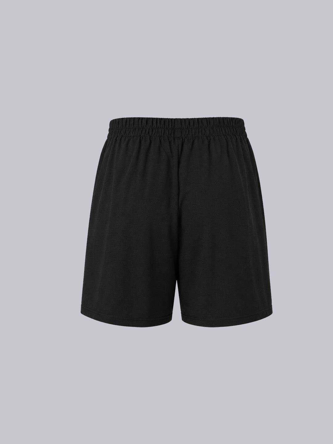 Black athletic shorts with an elastic waistband, shown flat against a solid light gray background.