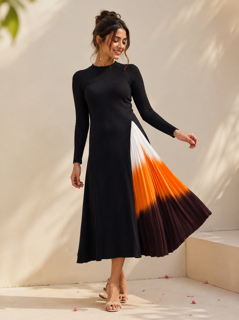 Black and Orange Full Sleeve Pleated Midi Dress