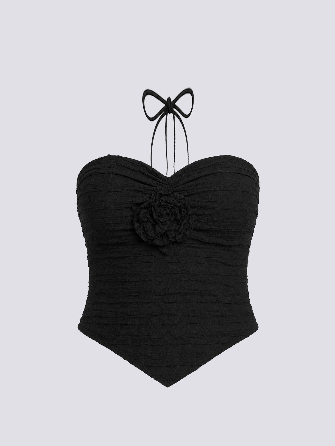 A black strapless halter bikini top with a sweetheart neckline.