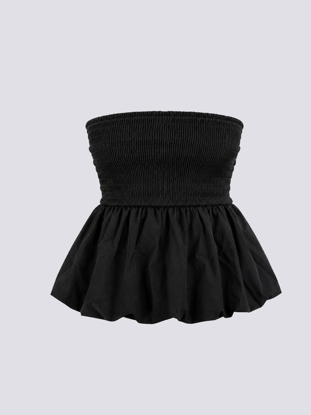 A black strapless mini skirt with a smocked, ribbed bodice and a flared ruffled hem.