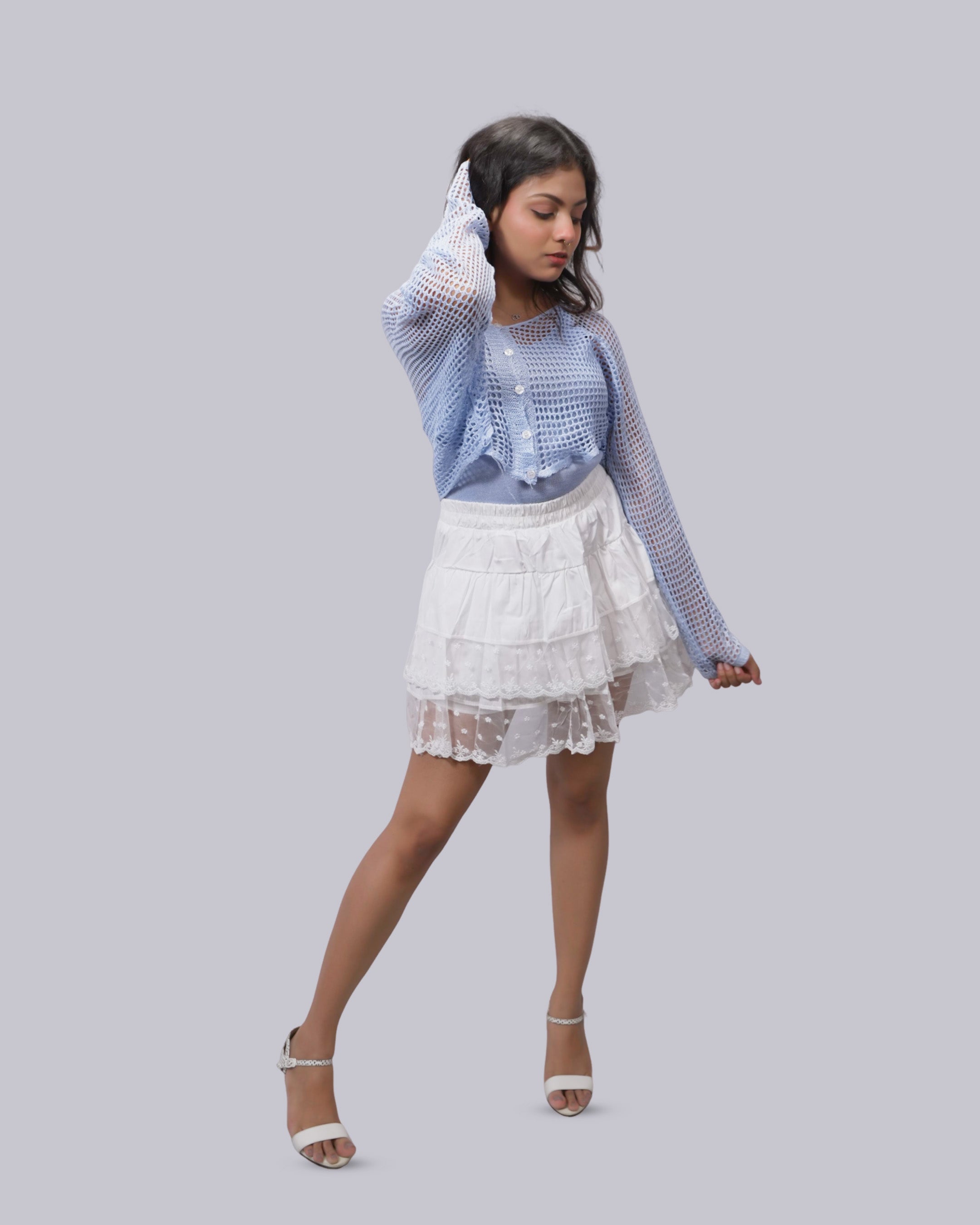 Women's Powder Blue Crochet Cropped Cardigan | Cold Shoulder Open-Knit Top