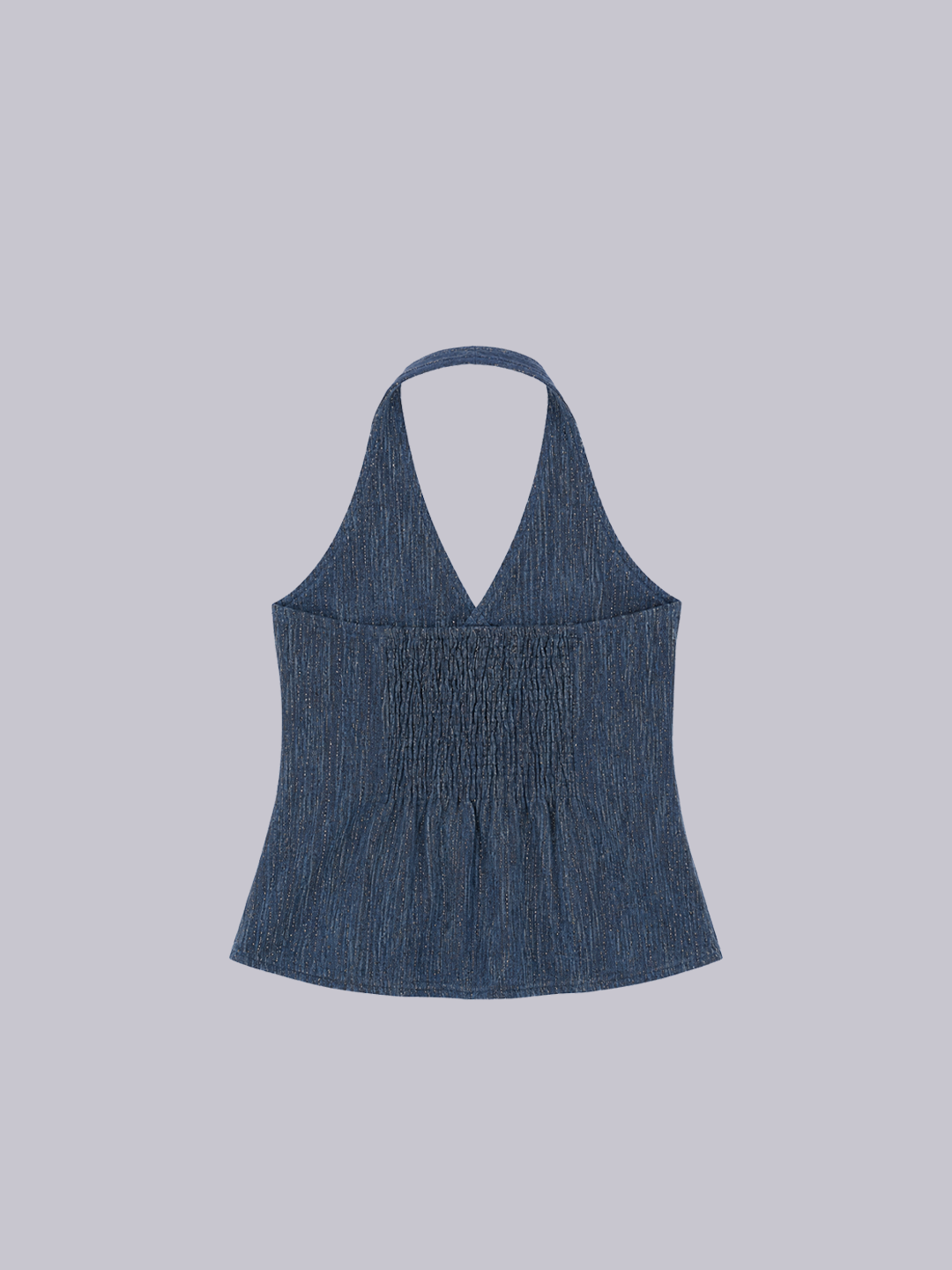 A dark blue textured halter top with a smocked bodice and V-neckline.