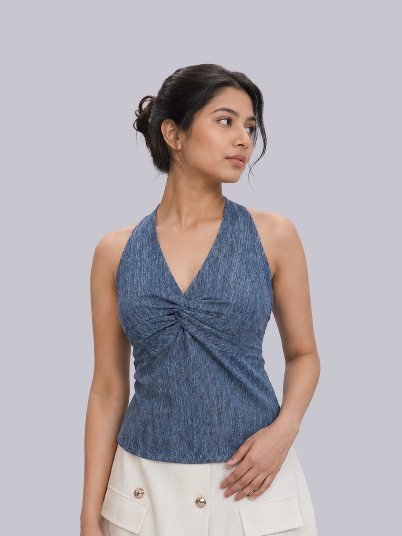 Women's Denim-Look Glitter Halter Top