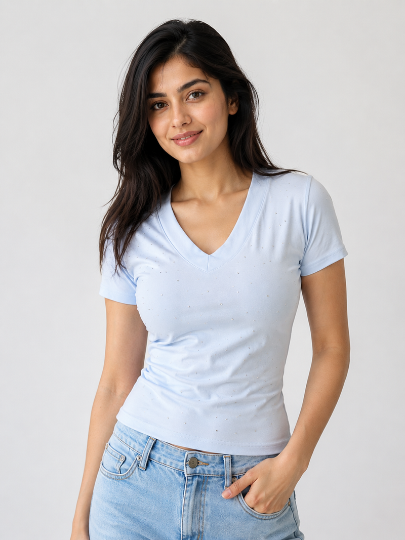 Rhinestone-Embellished V-Neck Tee