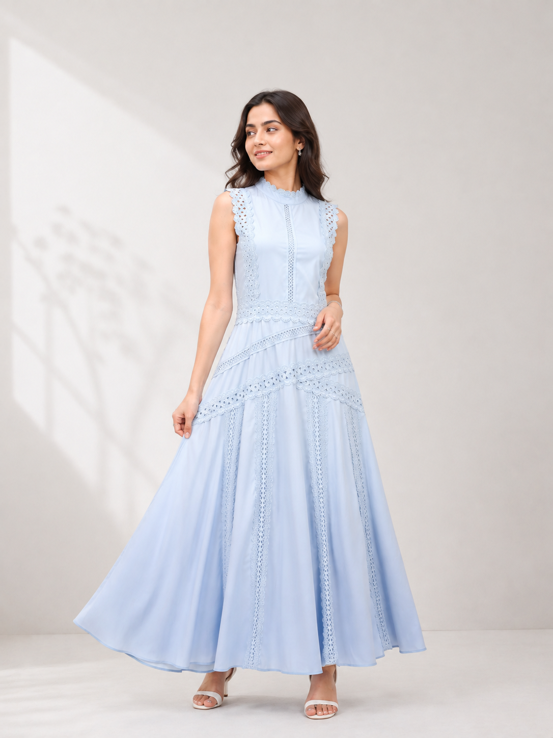 Women’s Sleeveless Knit Eyelet Pleated Maxi Dress