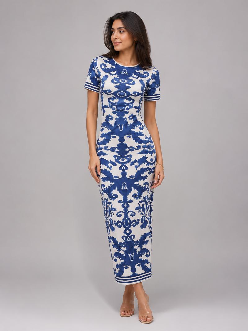 Women’s Blue & White Abstract Print Bodycon Midi Dress
