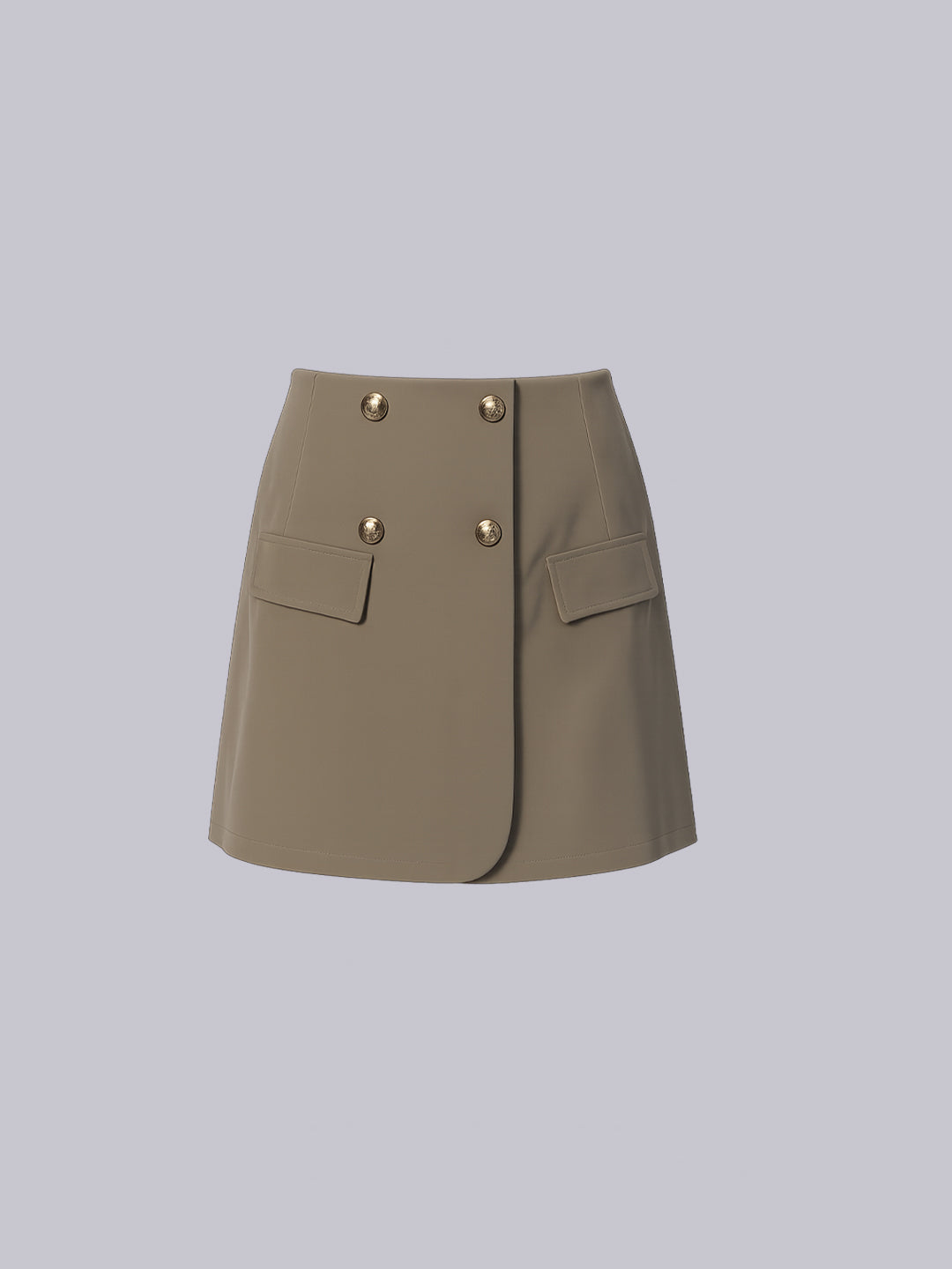A taupe brown mini skirt with a double-breasted design, featuring gold-tone metal buttons and flap pockets.