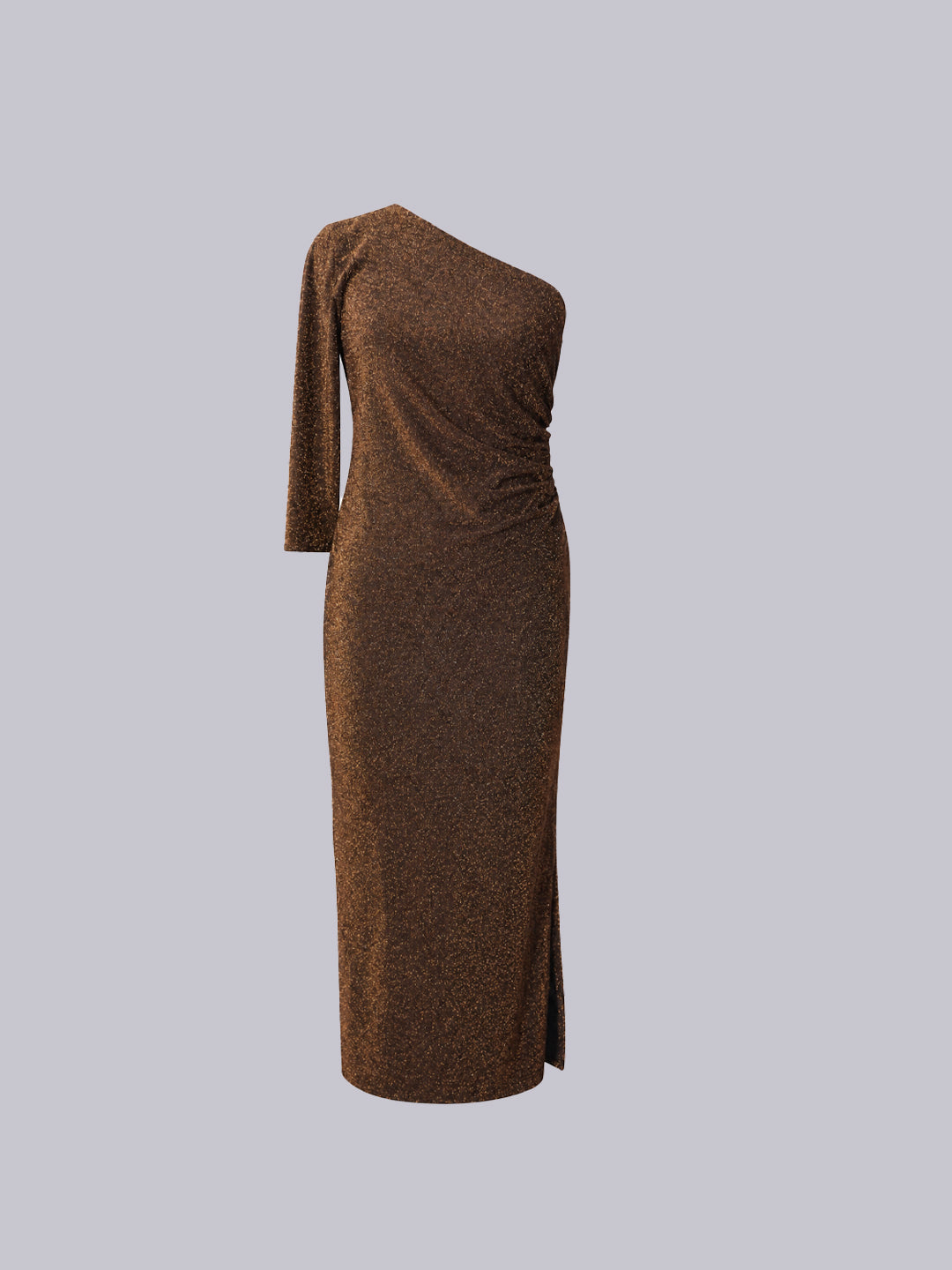 A brown textured knit one-shoulder midi dress with a gathered waist.