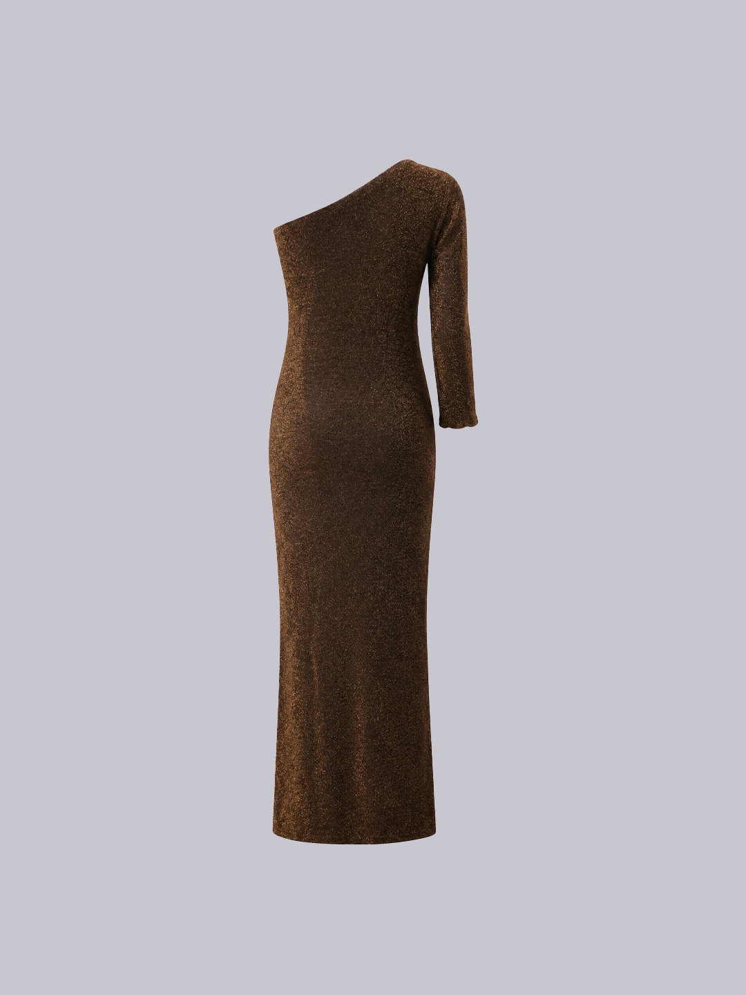 A long-sleeve, one-shoulder knit maxi dress in a textured brown color.
