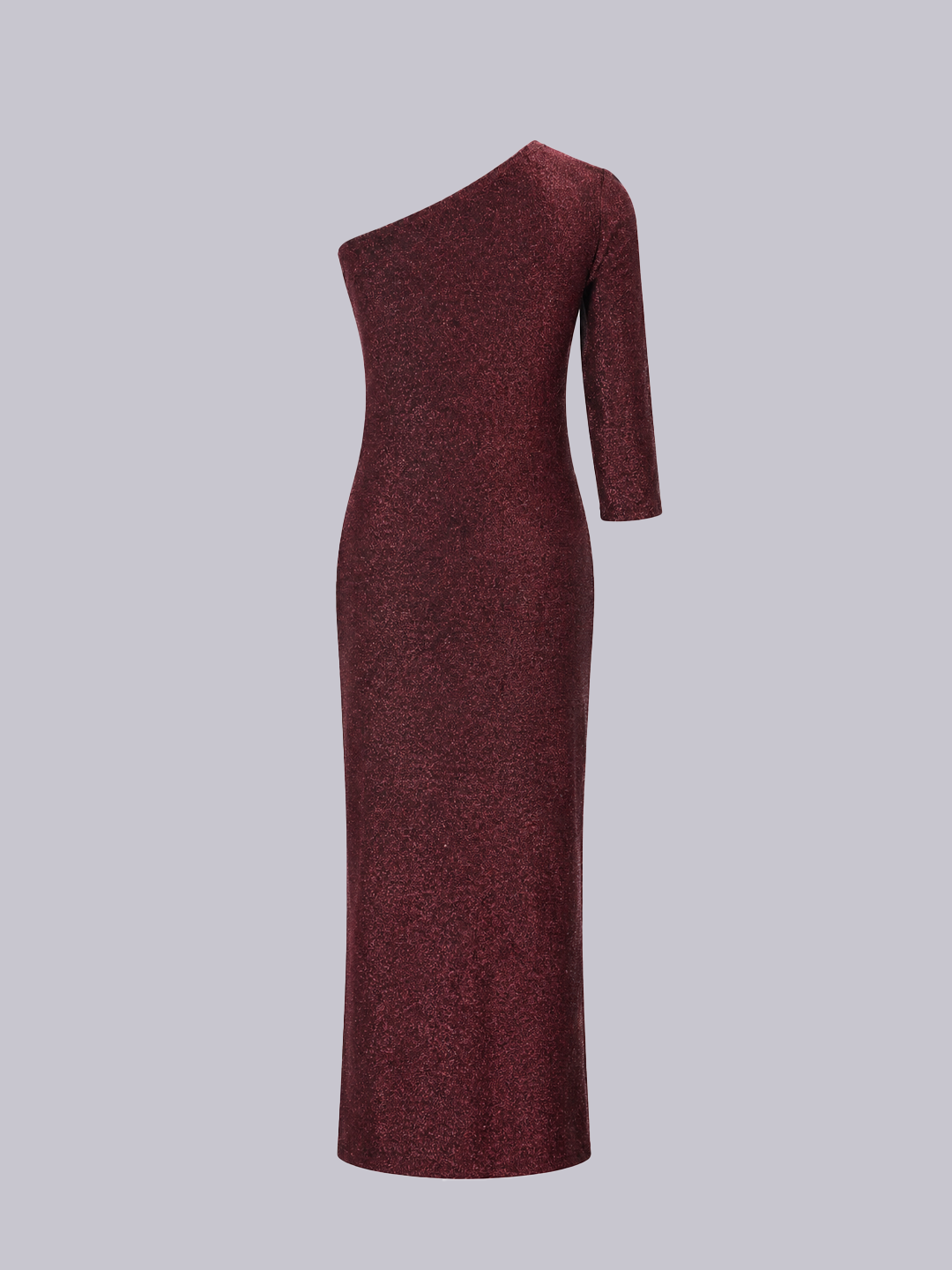 A dark burgundy one-shoulder midi dress with a textured, glittery finish and a three-quarter sleeve.