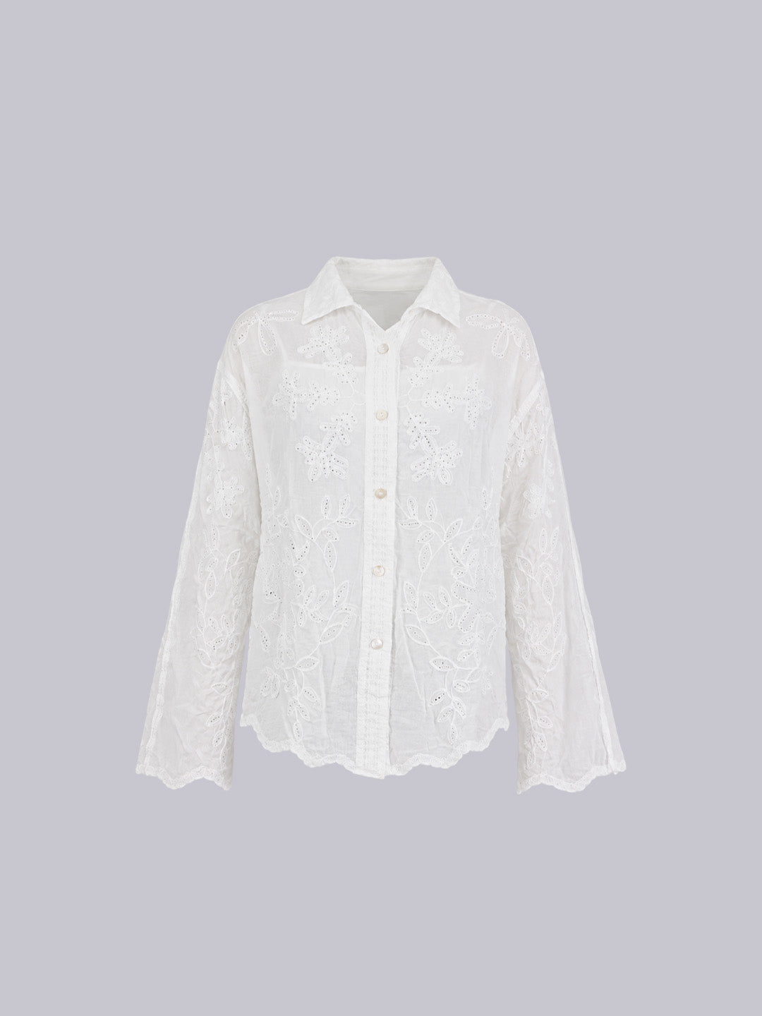Women's Floral Embroidered Sheer Cotton Blouse with Bell Sleeves