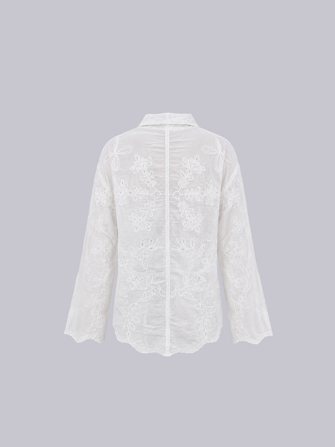 Women's Floral Embroidered Sheer Cotton Blouse with Bell Sleeves