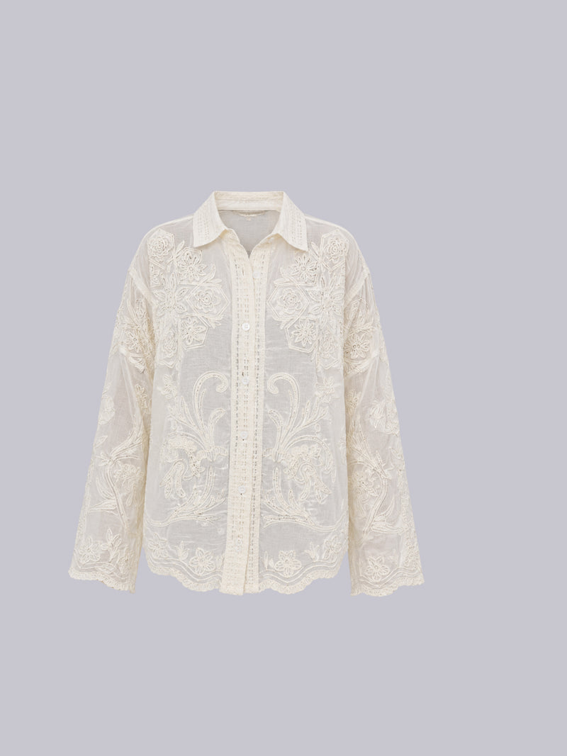 Women's Floral Embroidered Sheer Cotton Blouse with Bell Sleeves