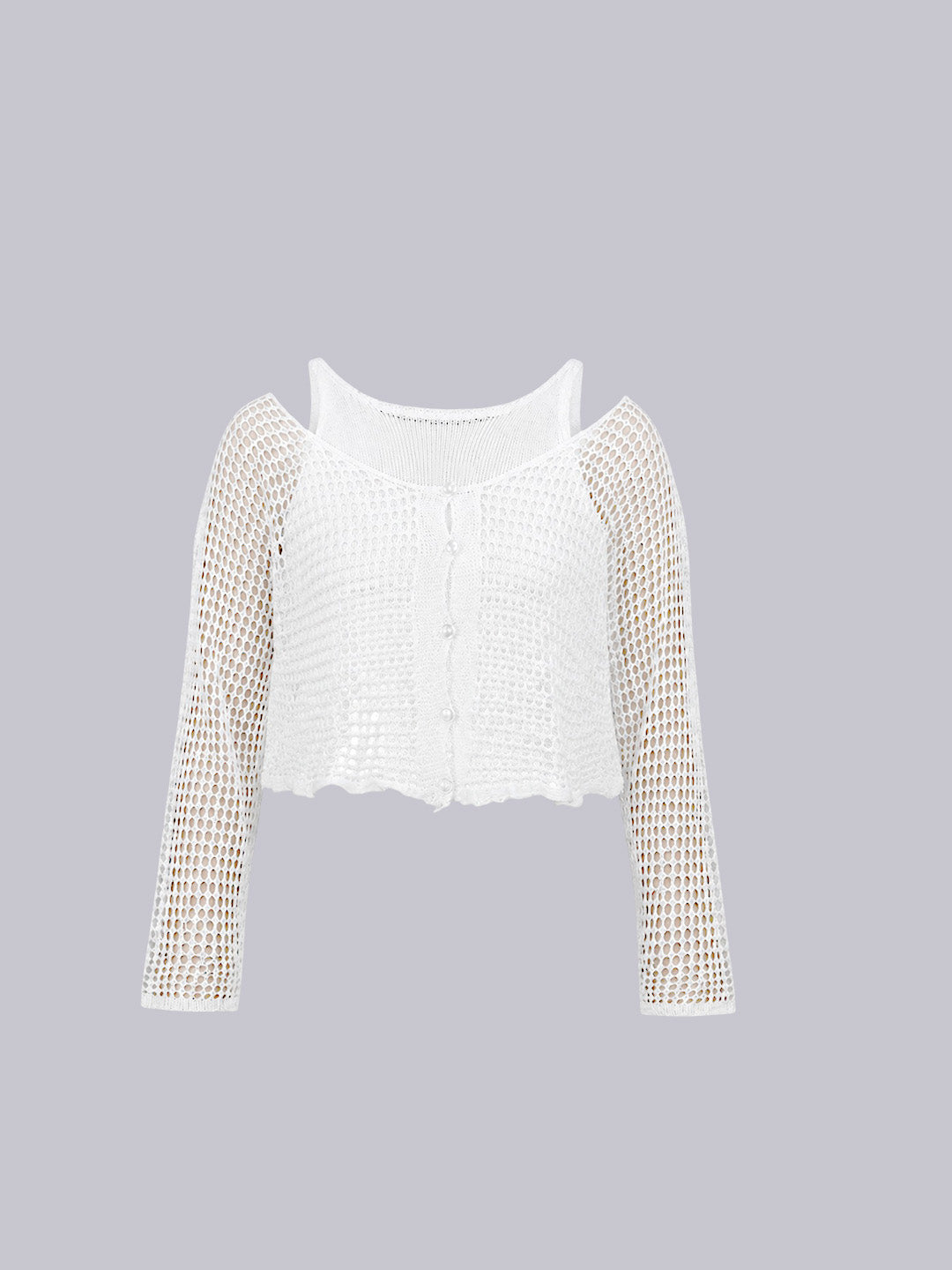 A white crochet knit cardigan