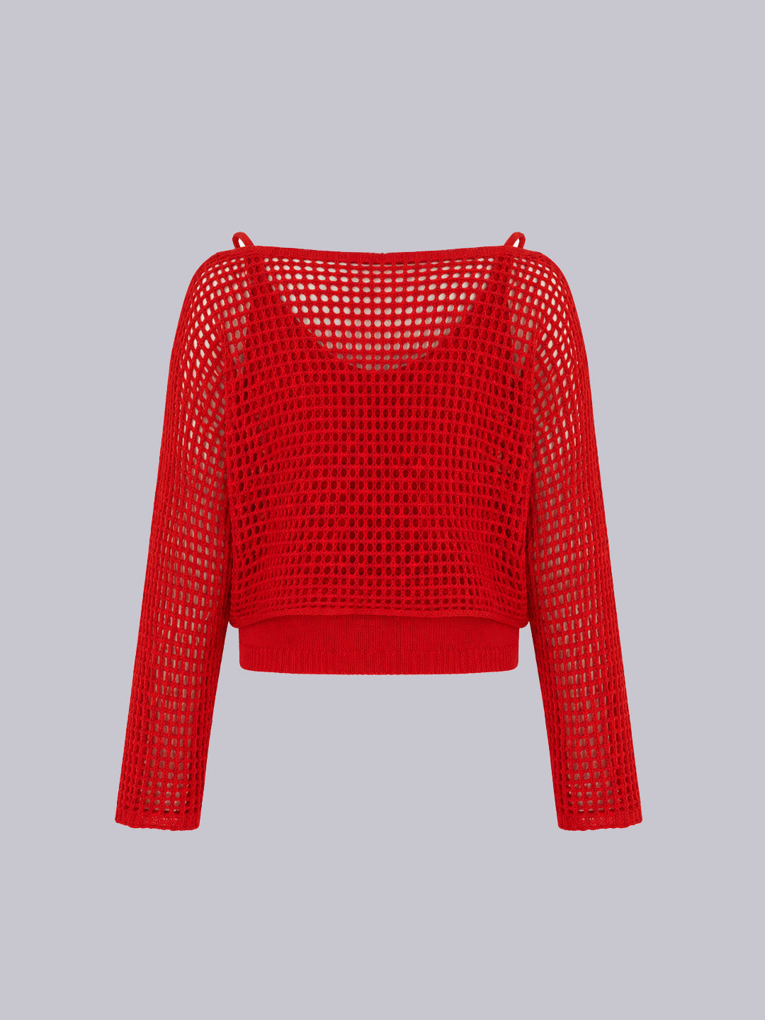 A bright red cropped knit top