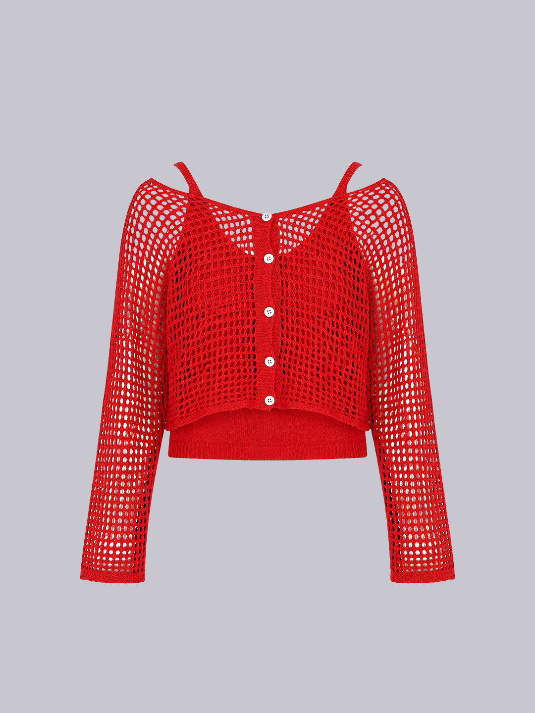 Red open-knit cropped cardigan