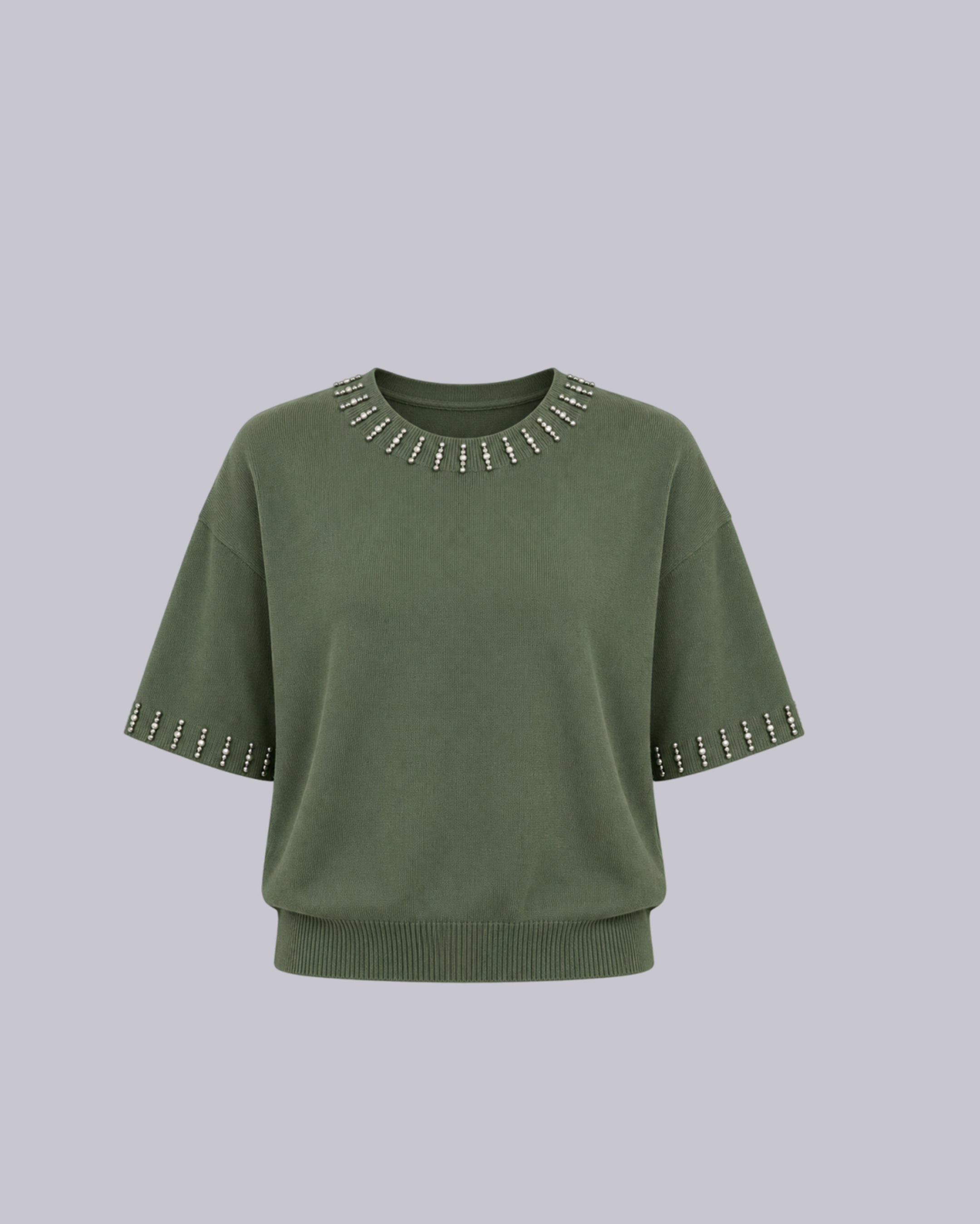 An olive green short-sleeve knit sweater
