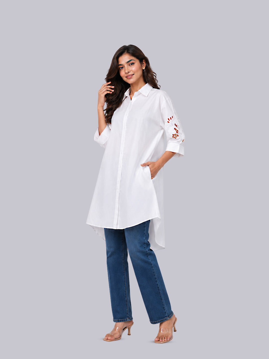 A white long-sleeve button-up shirt