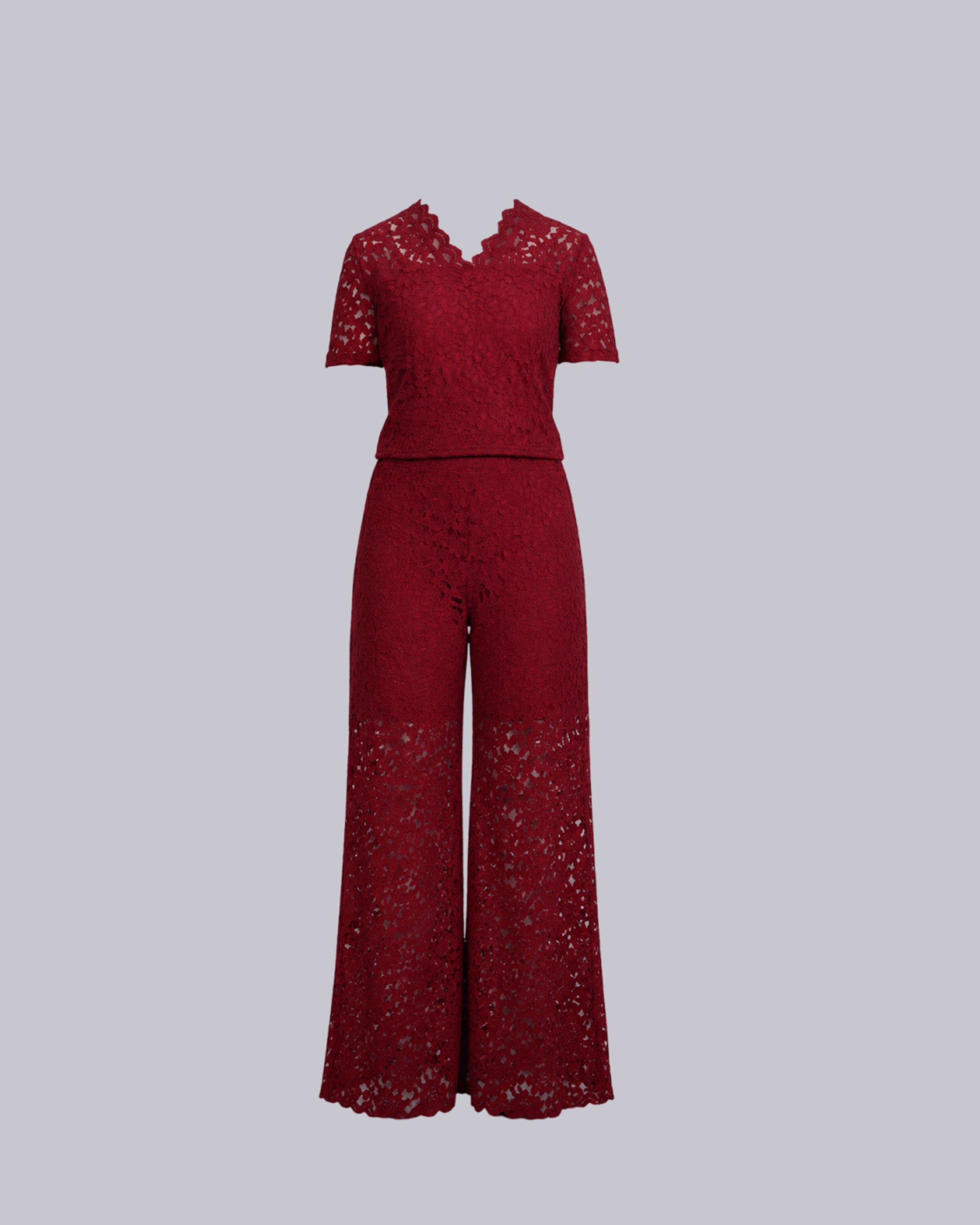 A deep red lace two-piece set featuring a short-sleeve top.